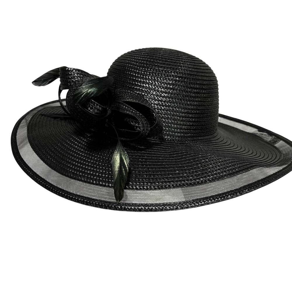 Bellisima black synthetic straw sun hat wide illusion brim bow & feathers drama